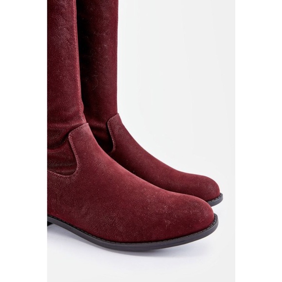 Burgundy over the knee flat suede boots - Picture 5 of 5